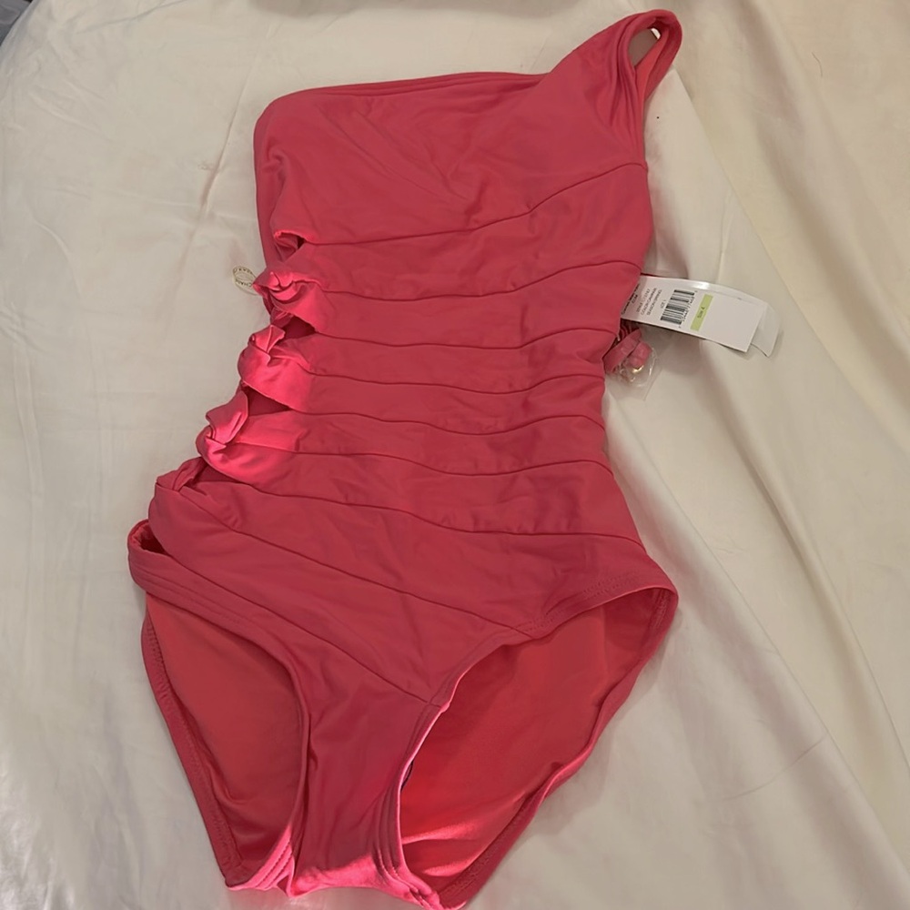 Carmen Marc Valvo one piece cutout one shoulder swimsuit.